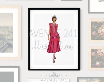 1920er Jahre Fashion Illustration Rotes Flapperkleid| Galerie Wand Kunst Mode Skizze Skizze | Allee 241