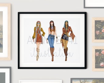 1960s Fashion Illustration Three Hippies Flower Children | Gallery Wall Print Fashion Sketch | Avenue 241