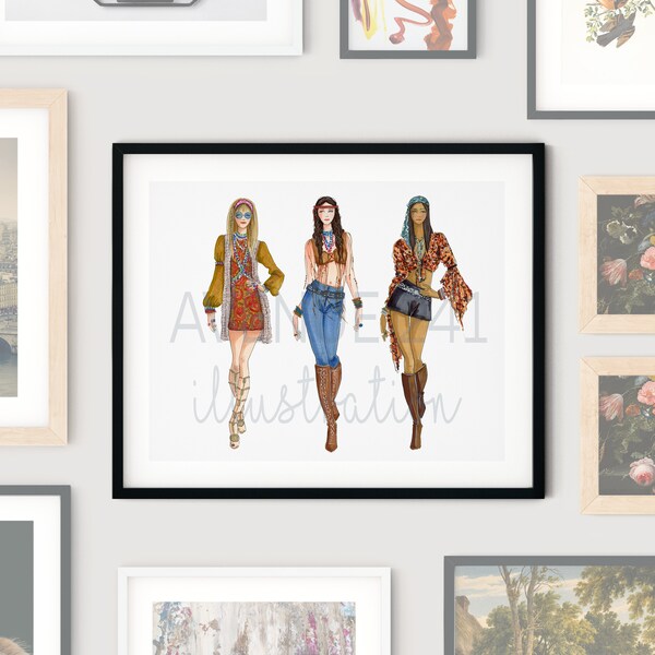 1960s Fashion Illustration Three Hippies Flower Children | Gallery Wall Print Fashion Sketch | Avenue 241