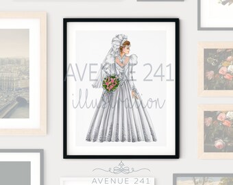 1985 Fashion Illustration 80s Bridal Gown and Big Veil | Gallery Wall Print Fashion Sketch | Avenue 241