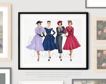 1950s Designer Couture Fashion Illustration with Four Designer Ensembles | Gallery Wall Art Print | 50s Dress Art | Avenue 241