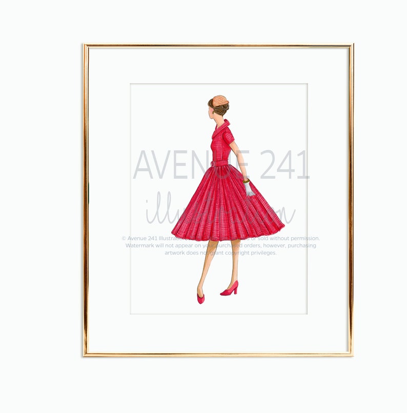 1950s Fashion Illustration Red Fit and Flare Dress Gallery Wall Print Runway Fashion Art Avenue 241 image 2