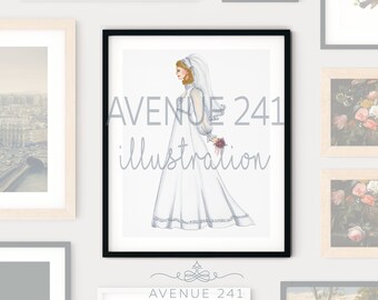 1975 Fashion Illustration 70s Bridal Gown and Veil | Gallery Wall Print Fashion Sketch | Avenue 241