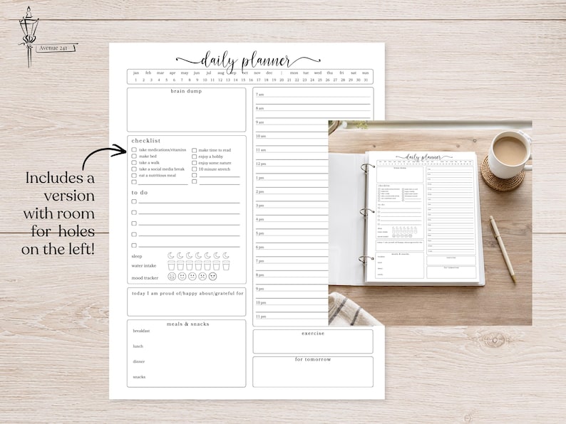 May include: A white daily planner page with black text featuring a monthly calendar, a brain dump section, a checklist, a to-do list, a schedule from 7 am to 11 pm, a mood tracker, water intake icons, and sections for meals, snacks, and exercise.