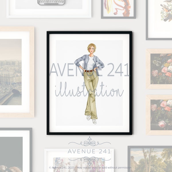 1990s Fashion Illustration Twinset Khaki Pants Outfit | Gallery Wall Print | Avenue 241