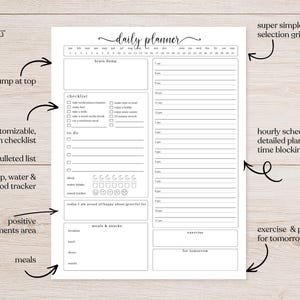 May include: A black and white daily planner template featuring a date selection grid, a brain dump section, a checklist, a to-do list, sleep, water, and mood trackers, an hourly schedule, a positive statements area, and sections for meals and exercise.