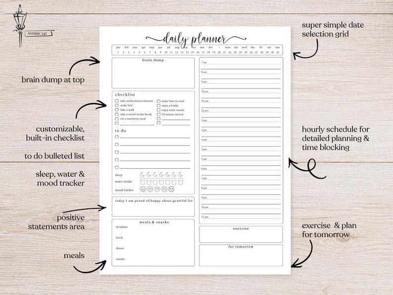 May include: A black and white daily planner template featuring a date selection grid, a brain dump section, a checklist, a to-do list, sleep, water, and mood trackers, an hourly schedule, a positive statements area, and sections for meals and exercise.