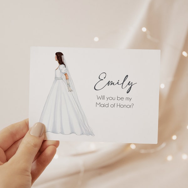 Will You Be My Maid of Honor Card & Envelope Set Personalized Wedding Dress Fashion Illustration |  MOH Proposal Bridesmaid Box | Avenue 241