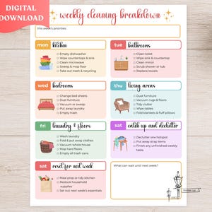 May include: A weekly cleaning breakdown checklist printed on white paper. The document features colorful headers for each day of the week, including kitchen, bathrooms, bedrooms, living areas, laundry and floors, catch up and declutter, and reset for next week, with corresponding task lists and small illustrations.