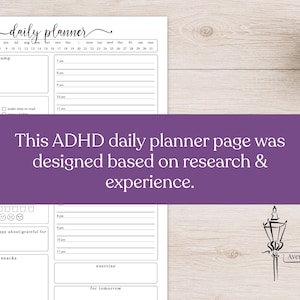 May include: A white daily planner page with black text featuring a brain dump section, a checklist, a water intake tracker, a mood tracker, a gratitude section, meal and snack logs, an hourly schedule from 7 am to 11 pm, and an exercise section.