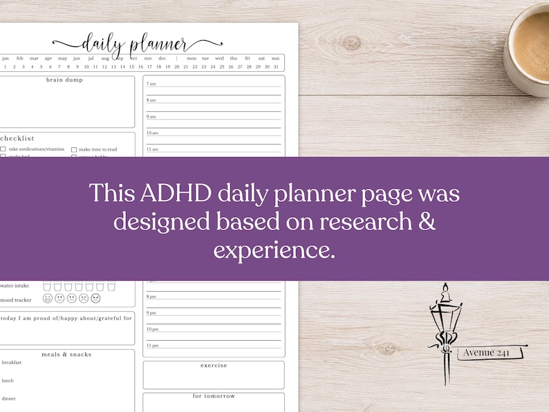 May include: A white daily planner page with black text featuring a brain dump section, a checklist, a water intake tracker, a mood tracker, a gratitude section, meal and snack logs, an hourly schedule from 7 am to 11 pm, and an exercise section.