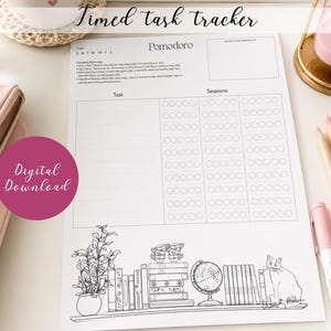 Peut inclure: Une feuille de papier blanche intitulée Timed task tracker et Pomodoro avec des colonnes pour les tâches et les sessions. Le bas présente un dessin au trait noir et blanc d'une étagère avec une plante en pot, des livres, un globe et un chat. Le texte Digital Download est imprimé en blanc sur un cercle rose.