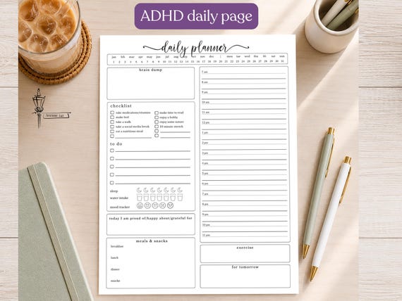 ADHD Daily Planner Page | Hourly Schedule, Brain Dump, To-do List (Digital Download)