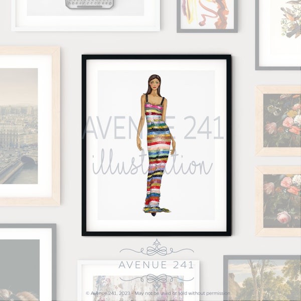 Fashion Illustration Print - Famous Designer Rainbow Dress from NY Fashion Week 1994 | Gallery Wall Print | Runway Fashion Art | Avenue 241