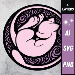 May include: A circular layered design in pink and black, depicting a curled-up cat-like figure. The design includes decorative swirls and the text "4 LAYERS", "AI", "SVG", and "PNG" on a purple vertical bar.