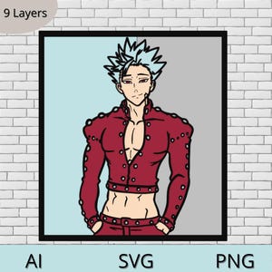 Può includere: Illustrazione digitale di un personaggio con capelli blu a spillo e una giacca rossa. Il personaggio è ambientato su uno sfondo azzurro e grigio, incorniciato in nero. L'immagine include il testo "AI", "SVG" e "PNG".