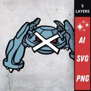 Puede incluir: Un personaje de dibujos animados azul claro estilizado con una 'X' blanca en la cara y ojos rojos. La imagen incluye una barra vertical roja con el texto '5 LAYERS', 'AI', 'SVG' y 'PNG'.