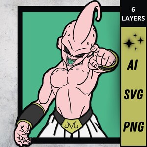 Può includere: Illustrazione digitale di un personaggio dei cartoni animati rosa che indica con il dito, su sfondo verde. Il personaggio ha una cintura bianca e dorata con la lettera "M". Il testo "6 LAYERS", "AI", "SVG" e "PNG" è incluso.