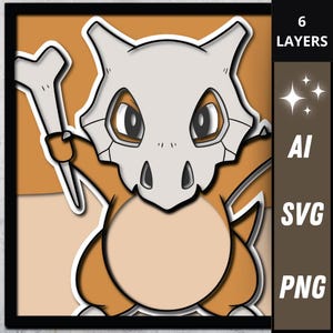Puede incluir: Ilustración digital de un personaje de Cubone, con un garrote de hueso y una máscara de calavera. La imagen tiene un diseño en capas con el texto "6 LAYERS", "AI", "SVG" y "PNG" en el lado derecho. La paleta de colores incluye tonos de naranja, blanco y marrón.