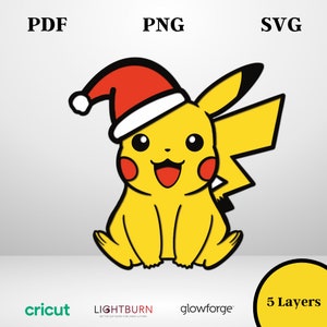 Pikachu SVG multistrato, file di taglio personaggio anime compensato, Quadro 3D mandala vettoriale, Design a Livelli Pokemon, Christmas gift