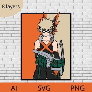 Puede incluir: Ilustración de un personaje con cabello rubio puntiagudo, vistiendo un atuendo negro y naranja, y sosteniendo una granada verde. El fondo está dividido entre naranja y beige. El texto en la parte superior dice "8 layers", y en la parte inferior, "AI SVG PNG".