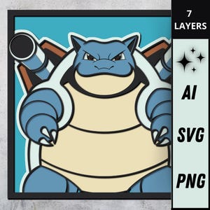 Quadro 3D Blastoise a Strati, File SVG per Cricut, Modello per Taglio Laser Legno