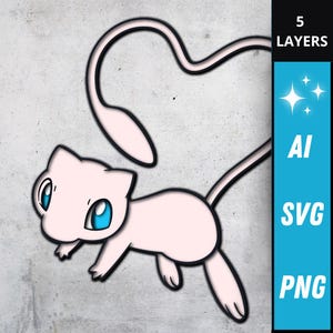 Könnte beinhalten: Ein hellrosa Cartoon-Charakter mit großen blauen Augen und einem langen Schwanz, der eine Herzform bildet. Das Bild enthält den Text "5 LAYERS", "AI", "SVG" und "PNG" auf einem blauen vertikalen Balken.