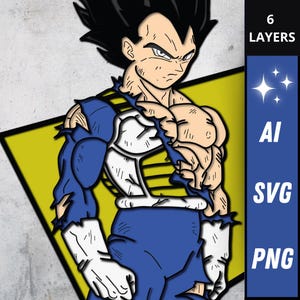 Può includere: Illustrazione digitale di un personaggio muscoloso in armatura blu e bianca con maniche strappate, su sfondo giallo. L'immagine include il testo "6 LAYERS", "AI", "SVG" e "PNG" su un pannello verticale blu.