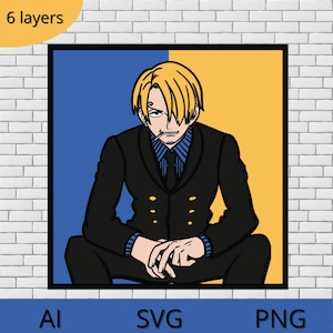 Può includere: Illustrazione di un personaggio della serie anime One Piece. Il personaggio, con i capelli biondi e una sigaretta, indossa un abito nero con uno sfondo blu e giallo. L'immagine ha il testo "AI", "SVG" e "PNG".