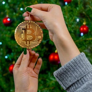 Bitcoin Christmas Ceramic Ornament, Holiday Cryptocurrency Decoration, Crypto Tree Ornaments, Blockchain Xmas Gift, Stocking Stuffer,