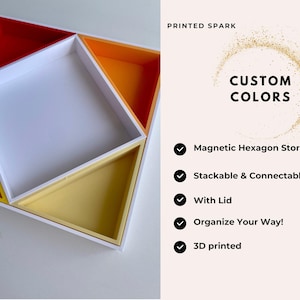 Op de afbeelding: Een witte zeshoekige opbergorganisator met een deksel, gemaakt van 3D-geprint plastic. De organisator is verdeeld in zes secties, elk in een andere kleur: rood, oranje, geel en wit. De tekst "PRINTED SPARK CUSTOM COLORS" is zichtbaar op de achtergrond.