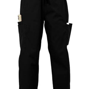 May include: Black medical scrubs with a drawstring waist and multiple pockets. A smartphone is visible in one of the pockets. The scrubs are paired with white sneakers. The outfit is designed for comfort and functionality.