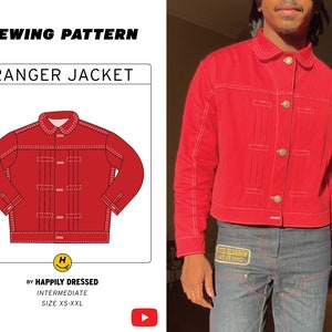 May include: A red sewing pattern for a Ranger Jacket. The pattern includes a line drawing of the jacket and instructions for sewing it. The pattern is for sizes XS-XXL and is labeled as intermediate difficulty.