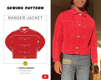 Patron de couture PDF pour veste Ranger, tailles XS-XXL, + tutoriel vidéo, veste en jean plissée, veste plissée, patron de veste courte unisexe