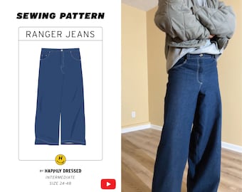 Patron de couture PDF pour hommes Ranger Jeans, tailles 24 à 48, + tutoriel vidéo, jeans larges, jeans superposés, patron de jeans pour hommes