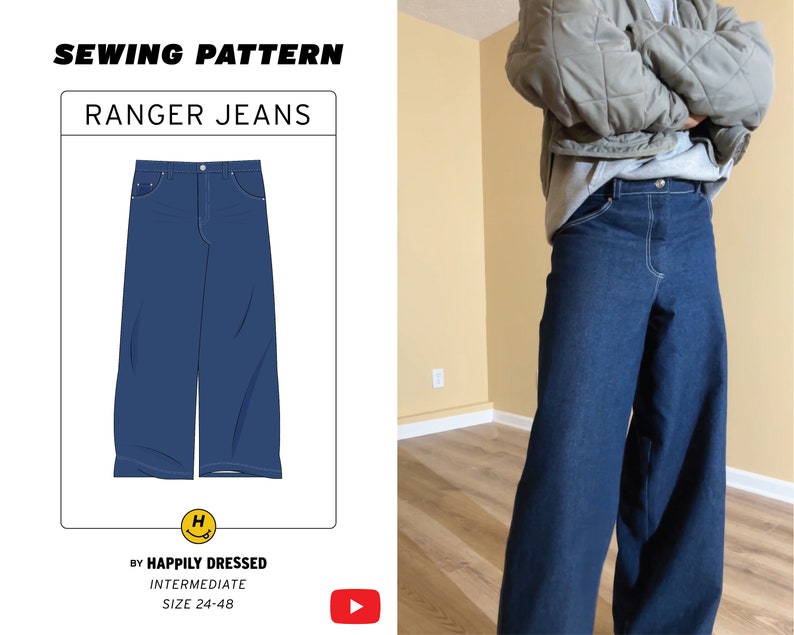 Patron de couture PDF pour hommes Ranger Jeans, tailles 24 à 48, tutoriel vidéo, jeans larges, jeans superposés, patron de jeans pour hommes image 1