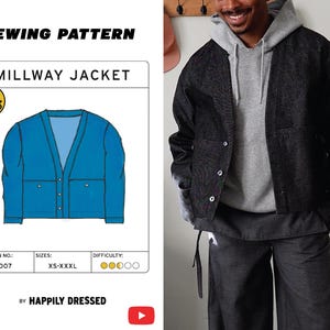 Puede incluir: Un patrón de costura para la chaqueta Millway, con una ilustración azul del diseño de la chaqueta. El patrón incluye tallas XS-XXXL y está etiquetado como nivel de dificultad 5. Una persona lleva una chaqueta negra y pantalones grises.
