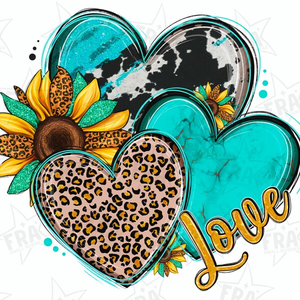 Turquoise Cowhide and Sunflower Heart Png, Western Hearts png,Leopard Heart Png,Hearts png,Hand Drawn Heart png,Sublimation Designs Download