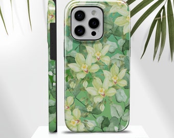 Green Floral Phone Case Painting Tough Cover for iPhone 15Pro, 14, 13, 12, 11, Google Pixel 8, 7A, 6A, Samsung S24Ultra, S23fe, S22, A54 A34