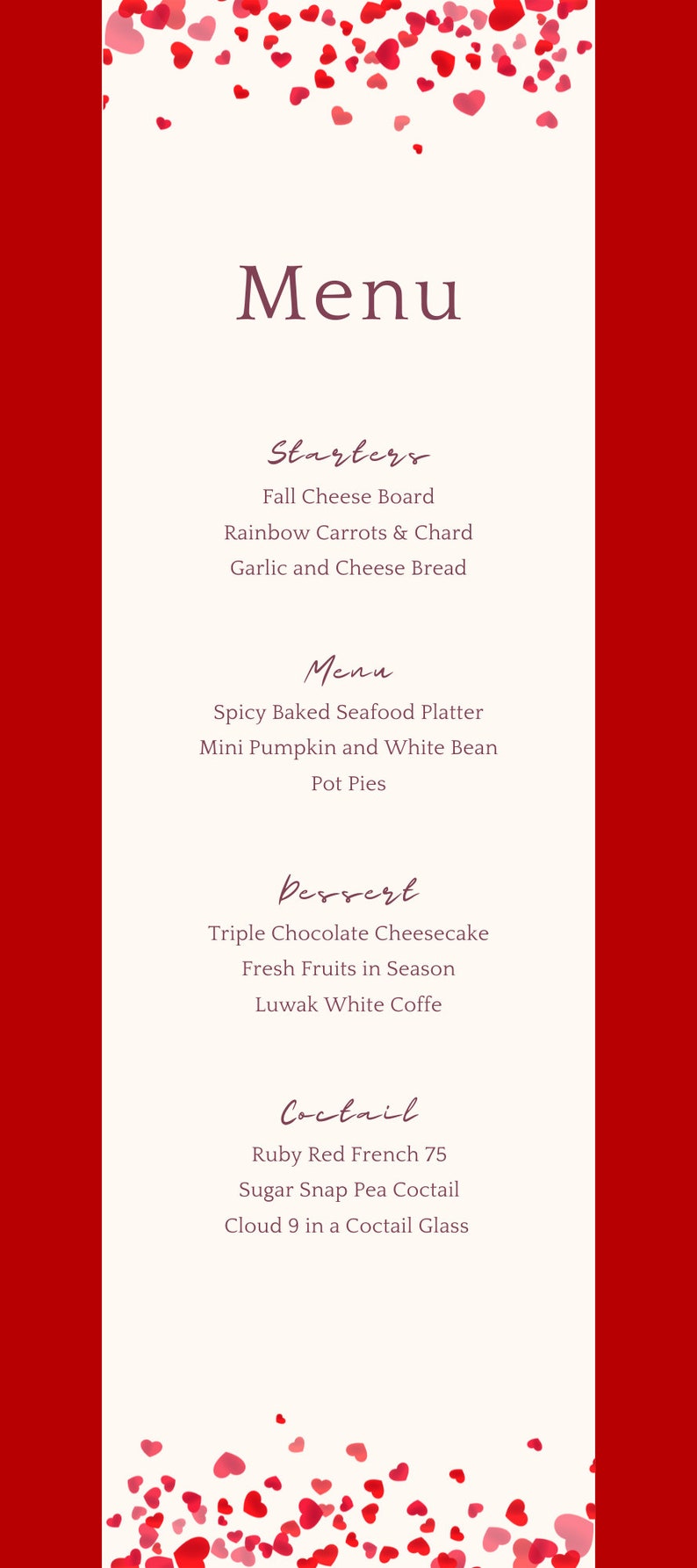 Valentine's Menu Template, Printable Valentine's Day Menu, Valentine's