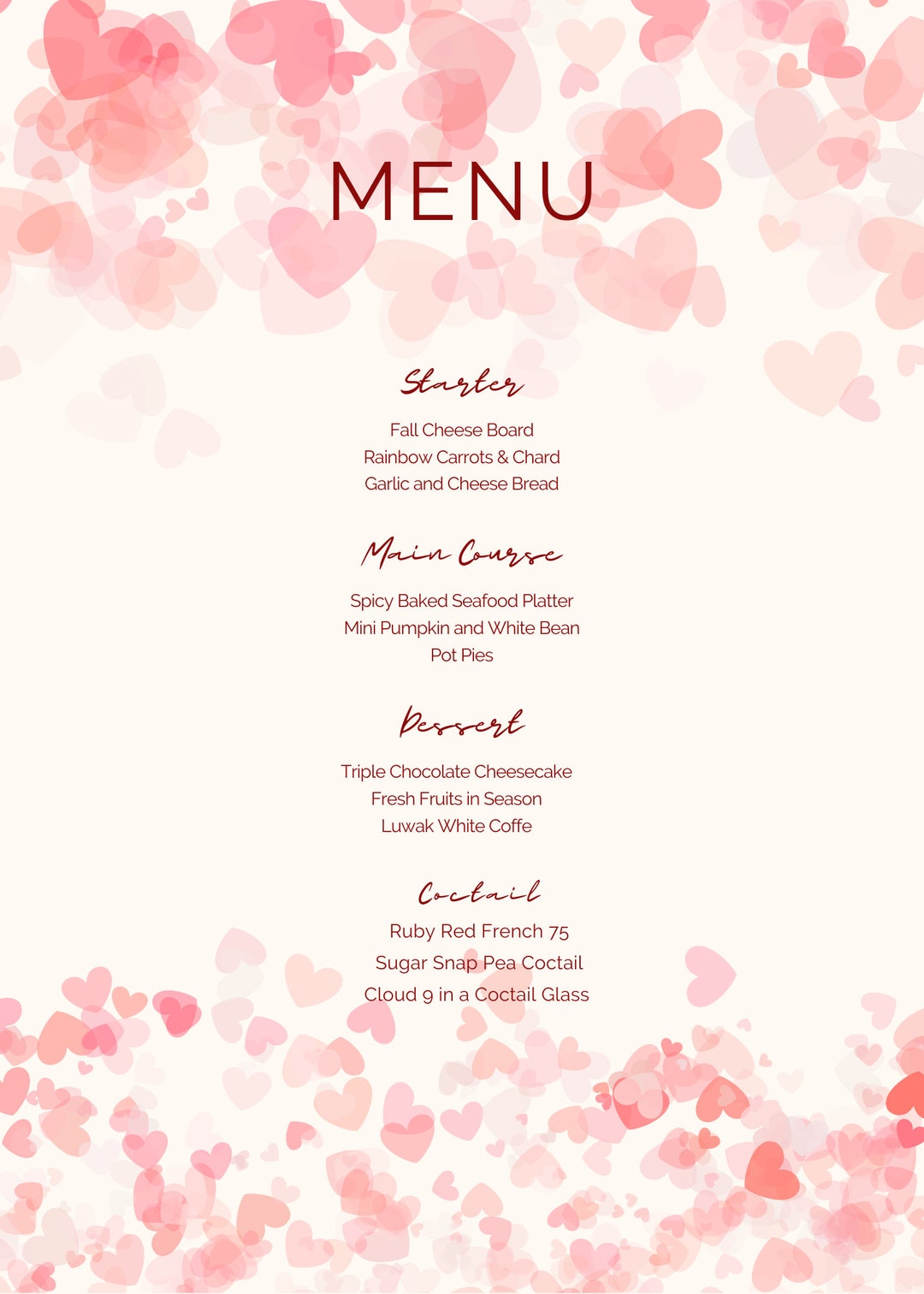 Valentine's Menu Template, Printable Valentine's Day Menu, Valentine's