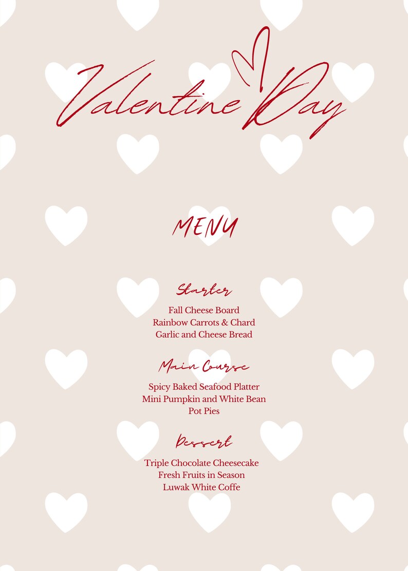 Valentine's Menu Template, Printable Valentine's Day Menu, Valentine's