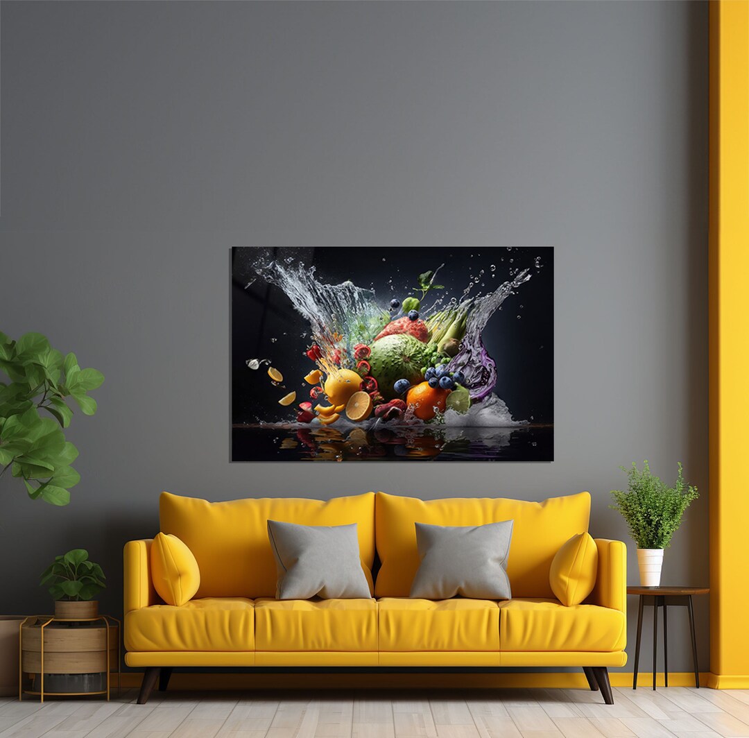 Fruit Splash Glass Kitchen Wall Art, Modern Fruit Photography Wall