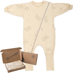 Baby Schlafsack mit Füßen, Beinen und Ärmel mit Geschenkbox, OEKO-TEX, 100% Baumwolle, kuschelig weich Langarm Schlafoverall