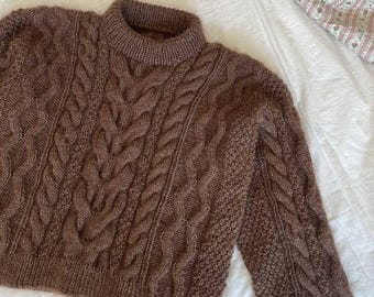 Rowan sweater ENGLISH knitting pattern - Knitted autumn-style unisex jumper with cables, PDF pattern