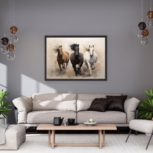 Drie paarden met afdrukbare muurkunst, bruin zwart wit vintage paardschilderij, paardenposter, westerndecor, paardenkunst, digitale download