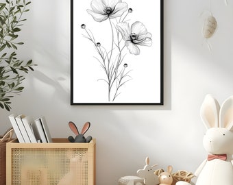 Black White Flower Wall Art Printable for Wall Decor,Botanical Sketch Floral Art Poster,Nature Flower Art Prints Digital Download for Her