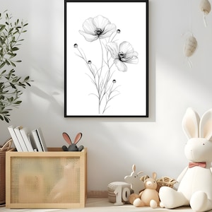 Black White Flower Wall Art Printable for Wall Decor,Botanical Sketch Floral Art Poster,Nature Flower Art Prints Digital Download for Her