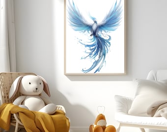 Watercolor Ice Phoenix Wall Art Printable for Wall Decor Winter Birds Art Poster Fantasy Blue Phoenix Art Prints Digital Download for Him