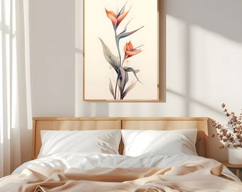 Bird of Paradise Flower Wall Art Printable for Home Decor,Botanical Floral Print Poster,Minimalist Orange Flower Art Prints Digital Download